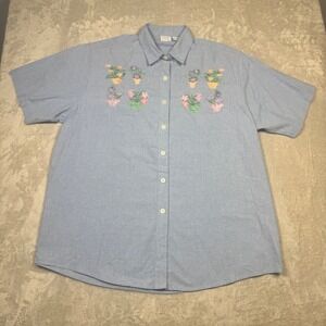 Mystic Blues Womens Short Sleeve Embroidered Flower Button Up Shirt Plus 22W